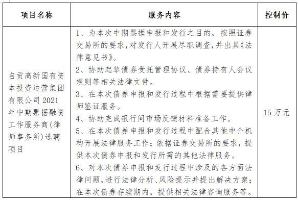 自貢高新國有資本投資運營集團有限公司2021年中期票據(jù)融資工作服務商(律師事務所)選聘項目公開比選公告